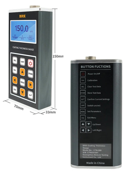 Gray coating thickness gauge by BRK, showing digital display, button functions, and dimensions.