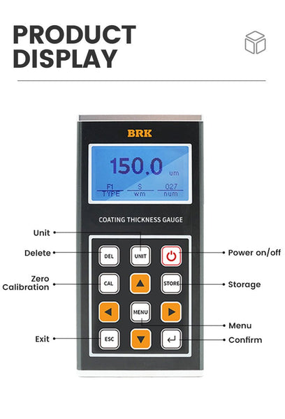 Coating thickness gauge by BRK showing a blue screen with several control buttons.
