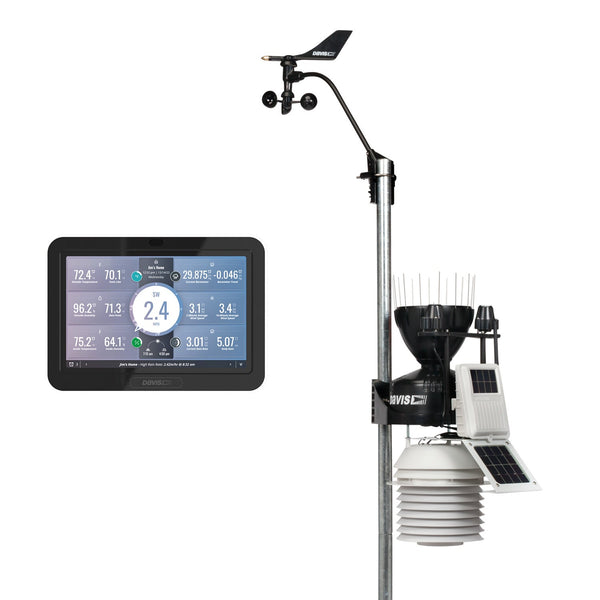 Weather station with fan aspirated radiation shield by Davis Instruments featuring a WeatherLink console display.