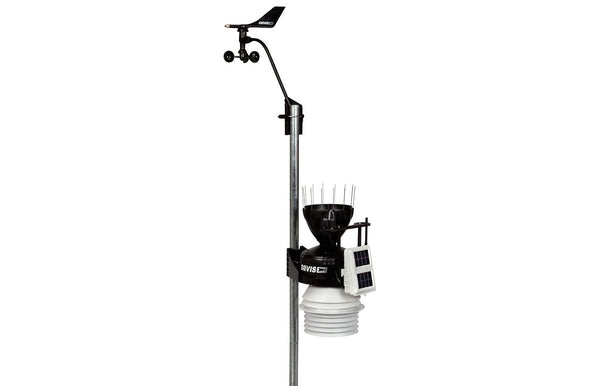 Daytime fan aspirated radiation shield kit by Davis Instruments mounted on a silver pole, featuring a solar panel on the side.