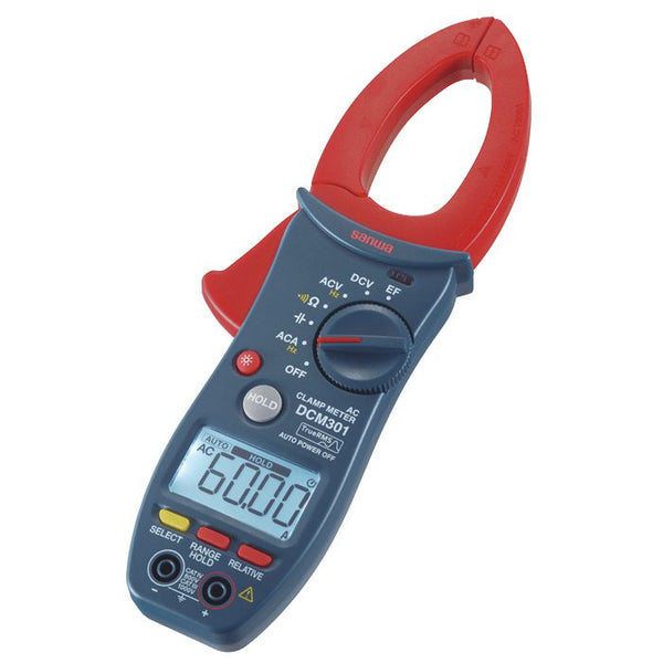 AC clamp meter by Sanwa, showing a digital display and a red clamp.
