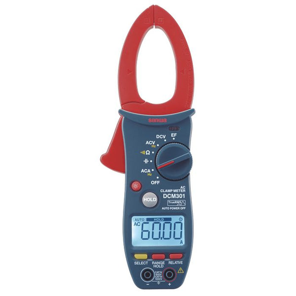 AC clamp meter by Sanwa, displaying "60.00" on the blue screen, with red clamp and function selection dial.
