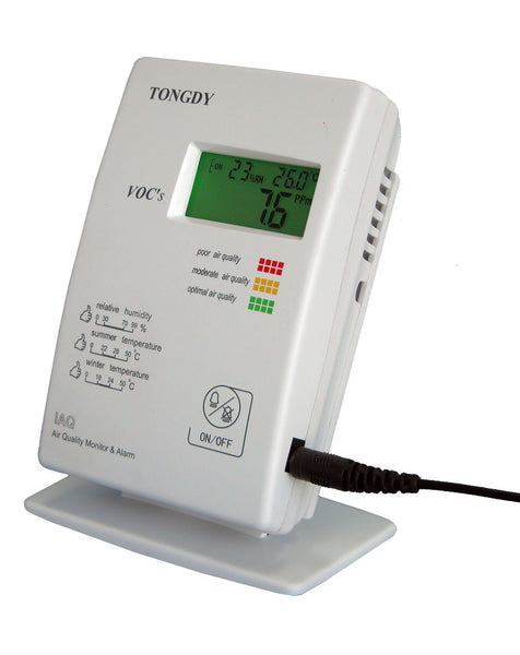 White air quality monitor by Tongdy with a digital display showing indoor readings on a white stand.