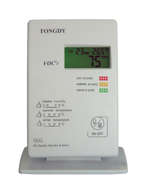 Air quality monitor by Tongdy, displaying temperature, humidity, and VOC levels with a color-coded air quality indicator.

