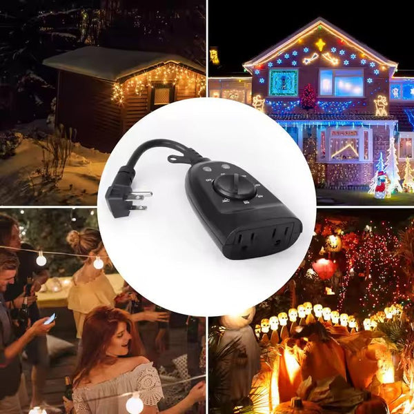 Black dual outlet plug-in timer with dusk-to-dawn setting by Sper Scientific surrounded by outdoor lighting.

