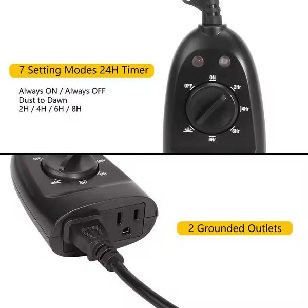 Black weatherproof plug-in timer with dusk-to-dawn setting by Sper Scientific featuring dual grounded outlets and a 24-hour timer.