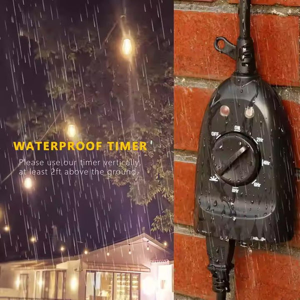 Black weatherproof timer by Sper Scientific in the rain, featuring a timer knob and plug-in cable against a brick wall.

