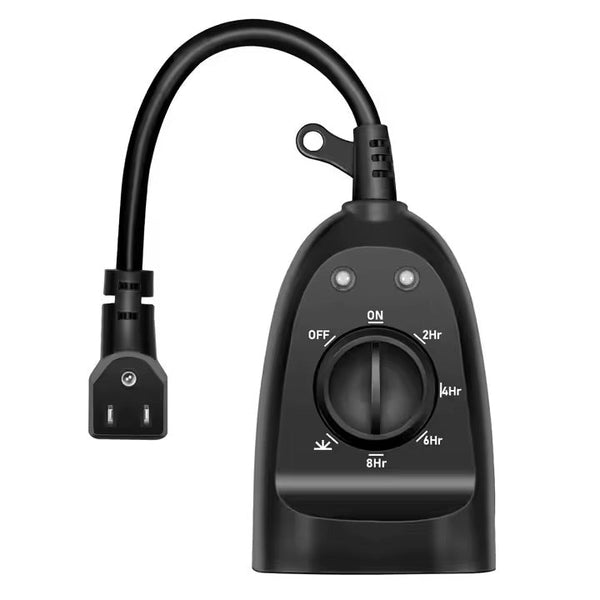 Black indoor/outdoor timer with adjustable settings on a white background