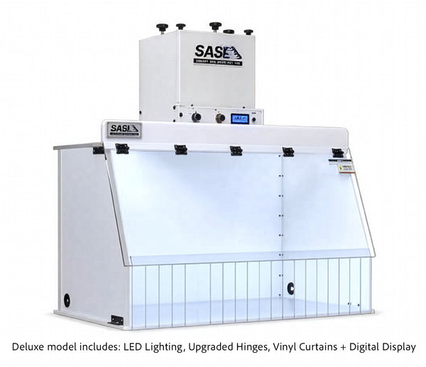 Sentry Air Deluxe Ductless Fume Hood with LED lighting, upgraded hinges, vinyl curtains, and digital display.