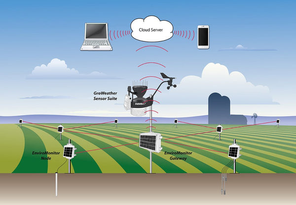 Data collection system by Davis Instruments featuring EnviroMonitor IP gateway and nodes in a green field, with weather station.