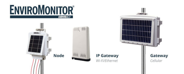 EnviroMonitor data collection node by Davis Instruments, with solar panel, mounted on a metal pole.
