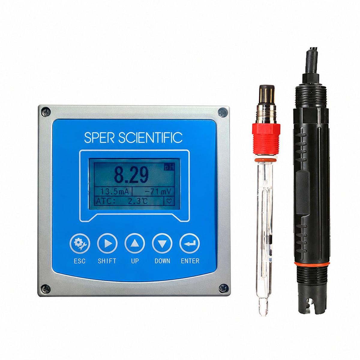 Sper Scientific 870002E pH ORP analyzer with illustrative electrode configurations