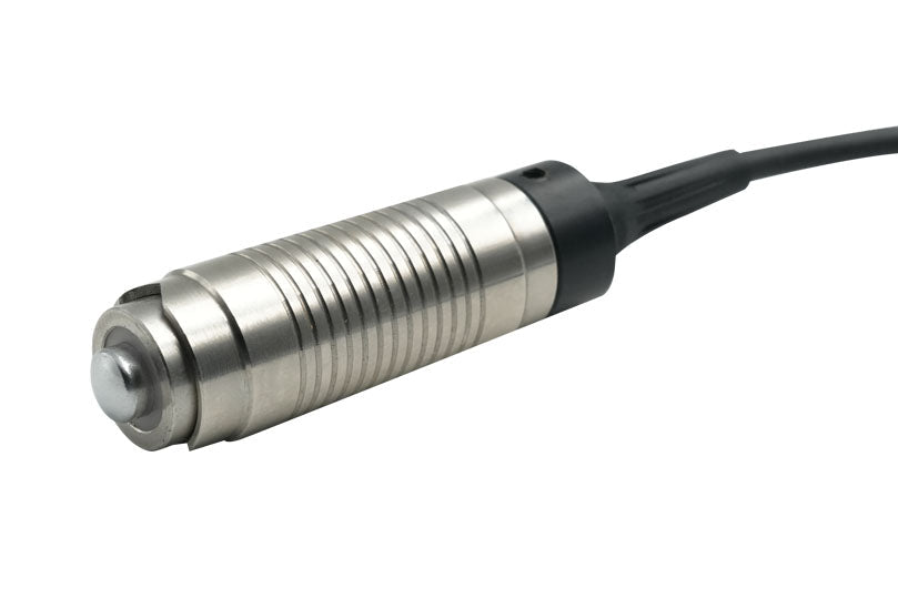 F5 probe for the CTN-300 Coating Thickness Gauge by BRK, with a ribbed, cylindrical, silver metal body and a black cable.