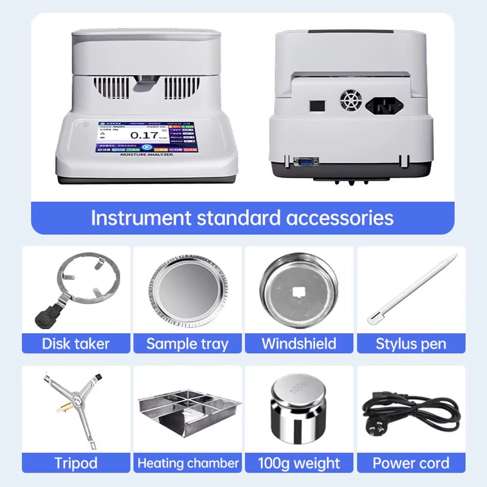Halogen moisture analyzer by Sper Scientific with instrument standard accessories including disk taker, sample tray, windshield, stylus pen, tripod, heating chamber, 100g weight, and power cord.
