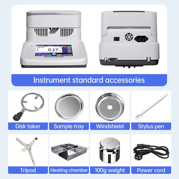 Halogen moisture analyzer by Sper Scientific with instrument standard accessories including disk taker, sample tray, windshield, stylus pen, tripod, heating chamber, 100g weight, and power cord.
