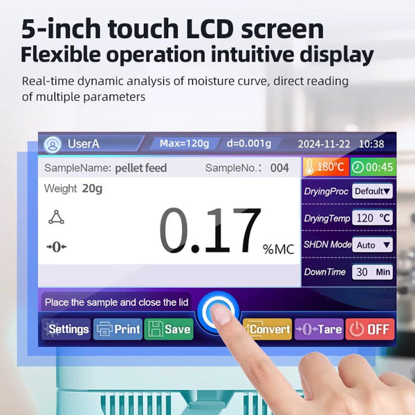 Halogen moisture analyzer by Sper Scientific, featuring a 5-inch LCD touchscreen displaying real-time data.