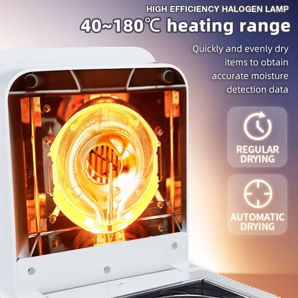 Halogen moisture analyzer by Sper Scientific, featuring a white square frame and a hot halogen lamp inside.