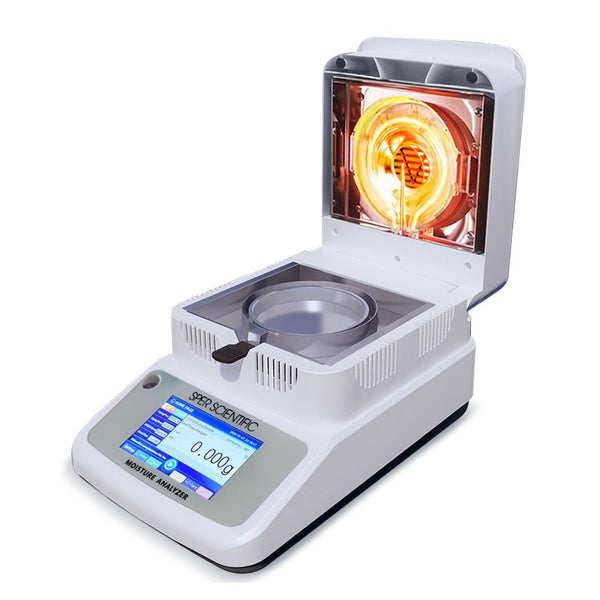 White halogen moisture analyzer by Sper Scientific with an open lid and digital display.