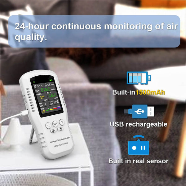 White handheld air quality monitor by Sper Scientific showing readings on its screen, displayed on a white table with a blurred background.