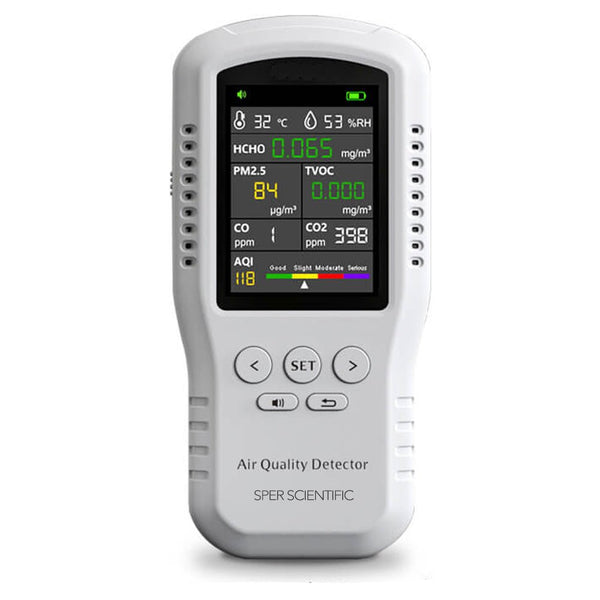 Handheld multi parameter air quality monitor with PM1, PM2.5, PM10 by Sper Scientific, showing the air quality index on the screen.
