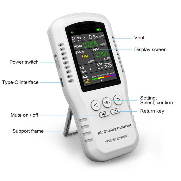 Handheld air quality monitor by Sper Scientific, featuring a digital display screen and multiple testing parameters.