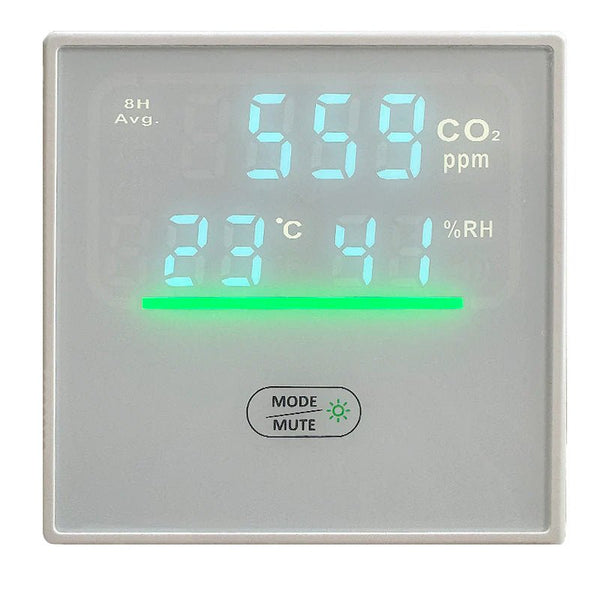 Hardwired carbon dioxide, humidity, and temperature monitor by Sper Scientific with an illuminated digital display.