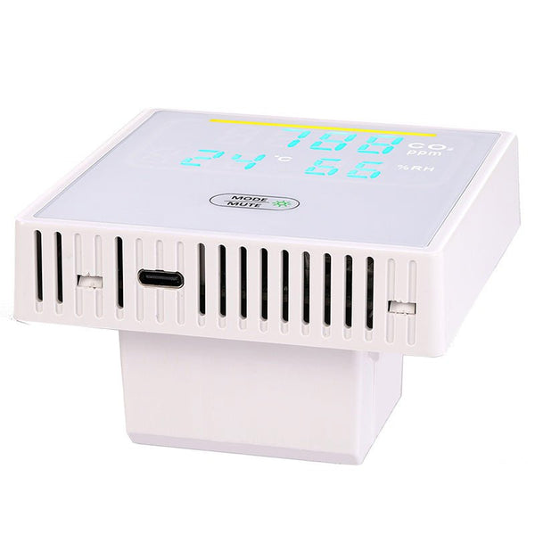 White CO2, humidity and temperature monitor by Sper Scientific with digital display and dual power input.