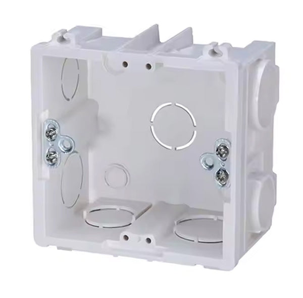 White plastic electrical box by Sper Scientific, featuring circular knockout plugs and metal mounting brackets.