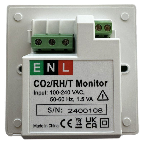 Hardwired CO2, humidity, and temperature IAQ monitor with dual power input by Sper Scientific, showing the back view.
