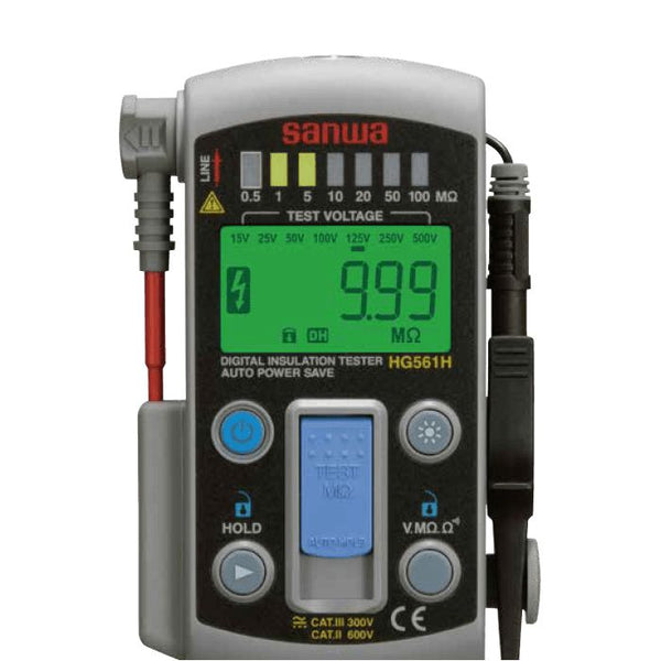 Digital insulation tester by Sanwa with a clear LCD display showing 9.99 megaohms and multiple voltage settings.
