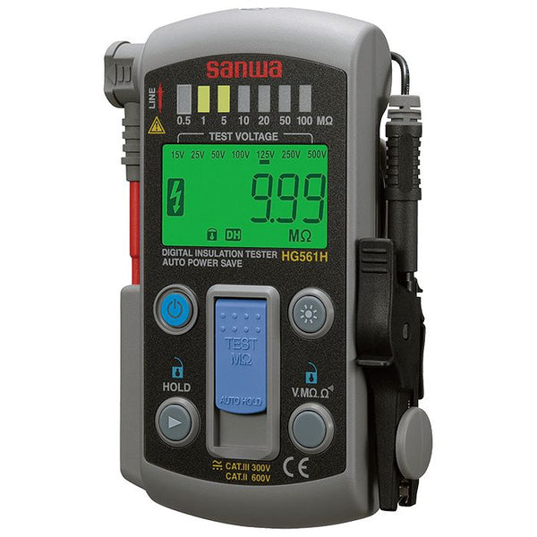 Insulation resistance tester HG561H by Sanwa, showing a digital display and multiple push-button controls.