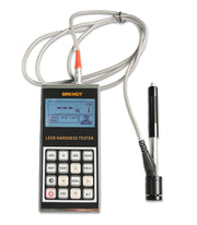 A handheld BRK Leeb hardness tester with a blue backlit LCD screen, and attached probe.