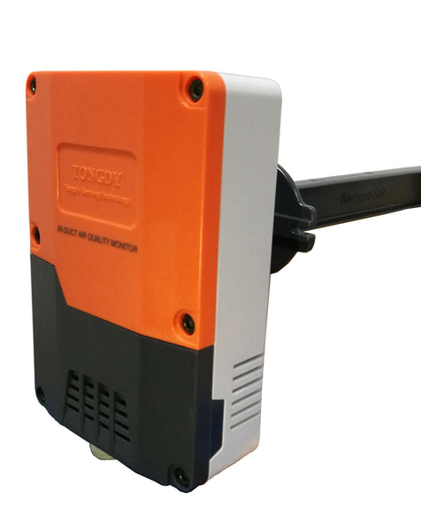 In-duct mount air quality monitor by Tongdy, featuring orange and black plastic housing with visible ventilation slats.