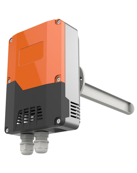 In-duct mount air quality monitor by Tongdy, featuring an orange and black casing with a silver mounting bracket.
