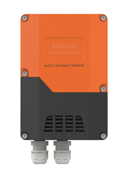Orange and black air quality monitor by Tongdy, featuring vent slots and screw details.