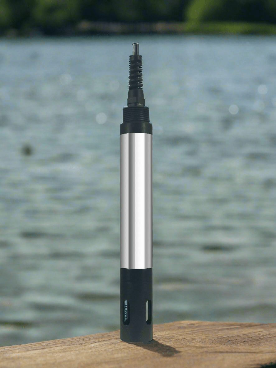 Online digital graphite conductivity sensor by Sper Scientific with silver and black components against a blurred background.

