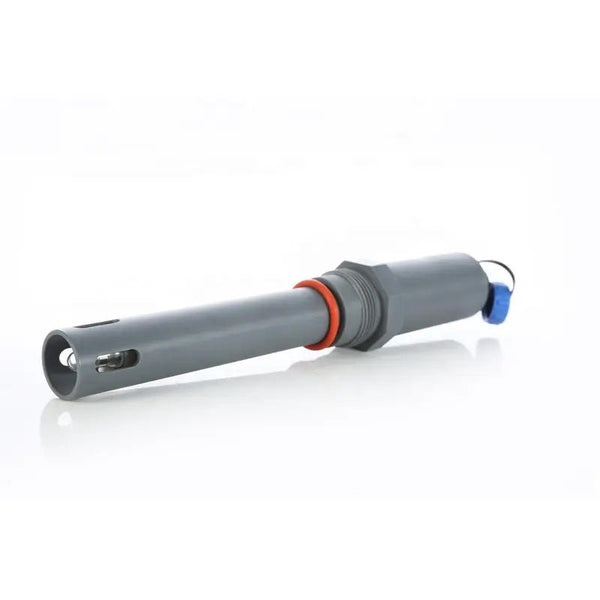 Gray residual chlorine sensor by Sper Scientific with an orange o-ring and a blue cap, isolated on a white background.