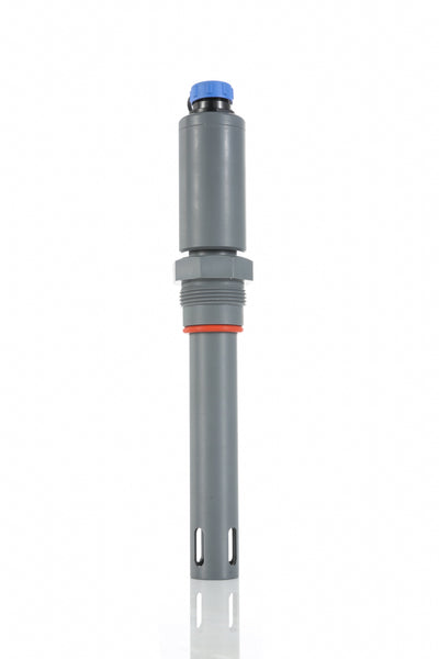 Gray online digital residual chlorine sensor by Sper Scientific with a blue cap and slots at the bottom.
