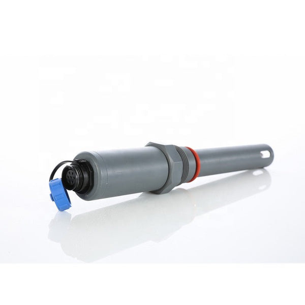 Gray online digital residual chlorine sensor by Sper Scientific with a blue cap and red ring.