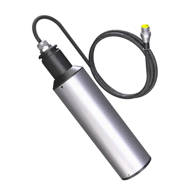 Silver online digital suspended solid sensor by Sper Scientific with a black cable and yellow connector.