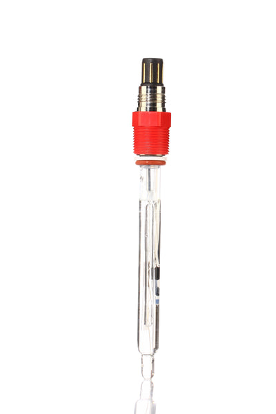 High-temperature pH sensor by Sper Scientific with a red cap, a clear glass body, and metal accents.