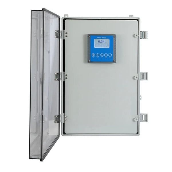 Online residual chlorine analyzer by Sper Scientific with a blue digital display in a gray case.
