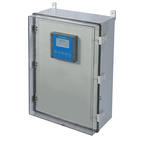Online residual chlorine analyzer by Sper Scientific with a built-in display on a gray cabinet.