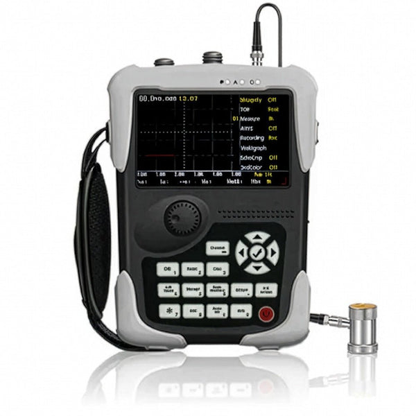 Digital ultrasonic flaw detector from BRK featuring a black and gray body, display screen, and multiple buttons.
