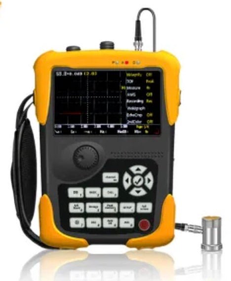 Yellow digital ultrasonic flaw detector by BRK, with a black control panel and a display screen.