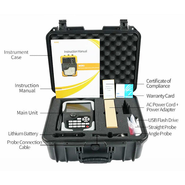 Digital ultrasonic flaw detector by BRK in black instrument case with instruction manual, warranty card, and probes.
