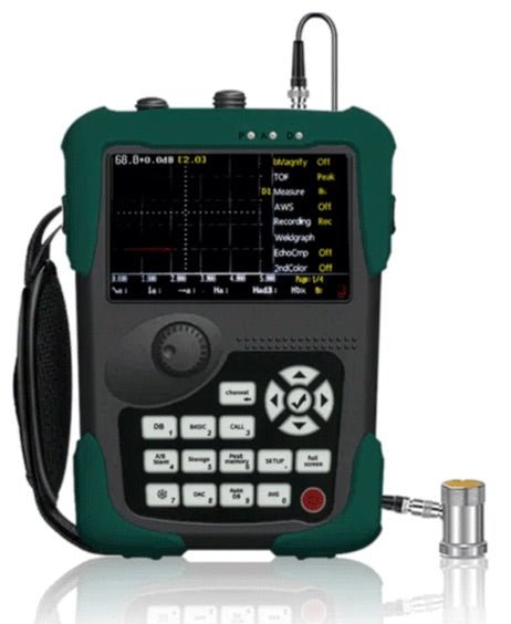 Digital ultrasonic flaw detector from BRK, featuring a green and gray case, button controls, and a display screen showing a waveform.

