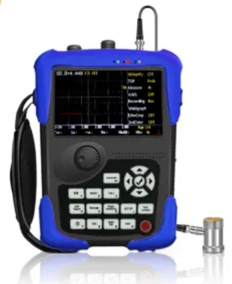 Blue and black digital ultrasonic flaw detector by BRK, with screen display and various buttons and connectors.