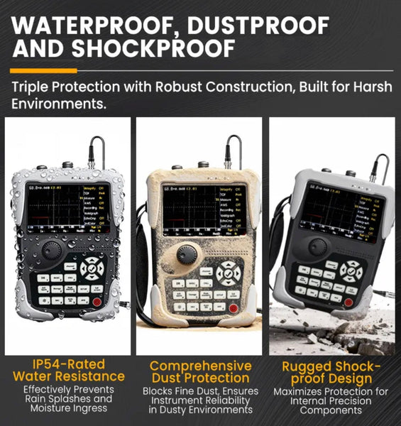 Digital ultrasonic flaw detector by BRK, shown with robust construction designed for harsh environments, with waterproof, dustproof, and shockproof features.
