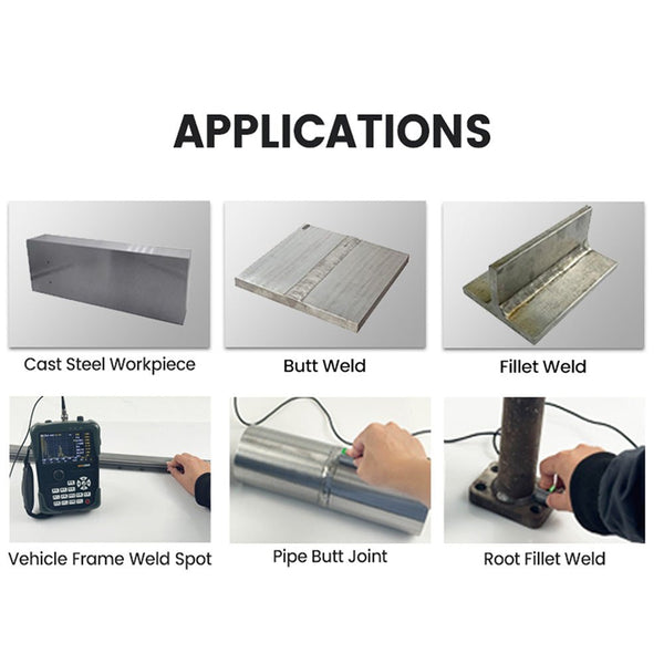Digital ultrasonic flaw detector from BRK showing application examples on different welding and workpiece types.
